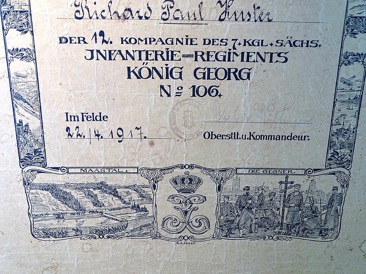 Großes Schmuck Besitz Zeugnis Eisernes Kreuz 2. Klasse 1914 , 12. Kp. 7.Kgl. sächsischen Inf Rgt. König Georg No.106 mit Regimentschronik