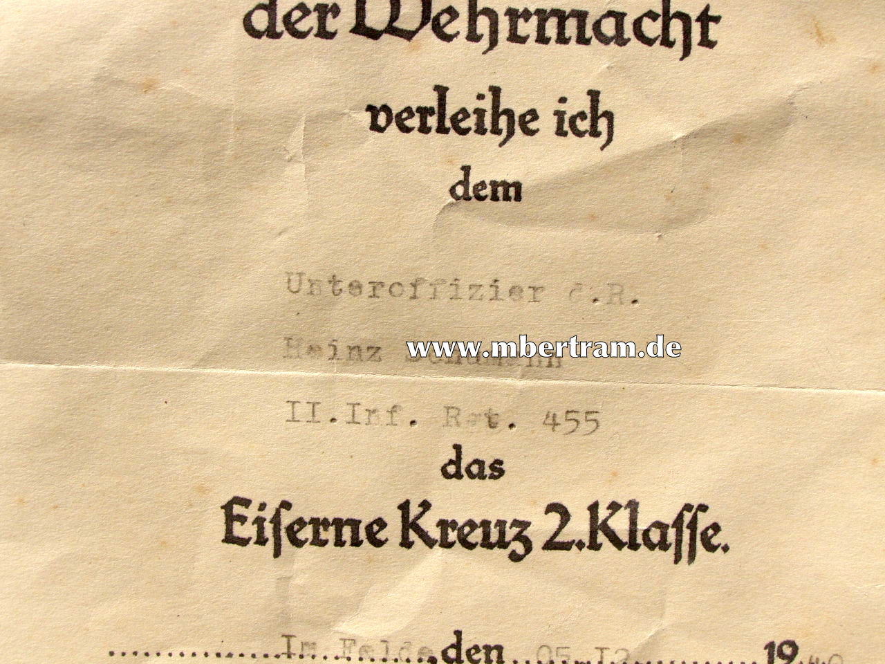 Replik: Urkunde für Eisernes Kreuz 2. Klasse 1939