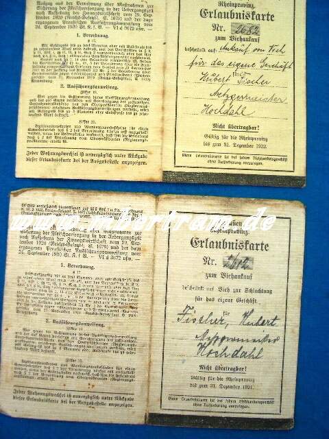 2 Erlaubnissausweise Viehverkauf Rheinprovinz, 1929,1922