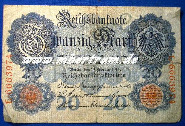 Reichsbanknote 20 Mark, kunstvoller Originalschein vor 1918