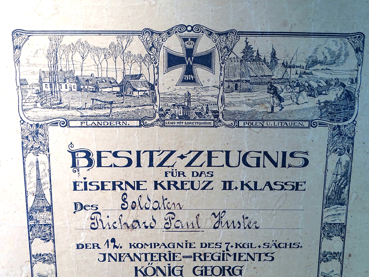 Großes Schmuck Besitz Zeugnis Eisernes Kreuz 2. Klasse 1914 , 12. Kp. 7.Kgl. sächsischen Inf Rgt. König Georg No.106 mit Regimentschronik