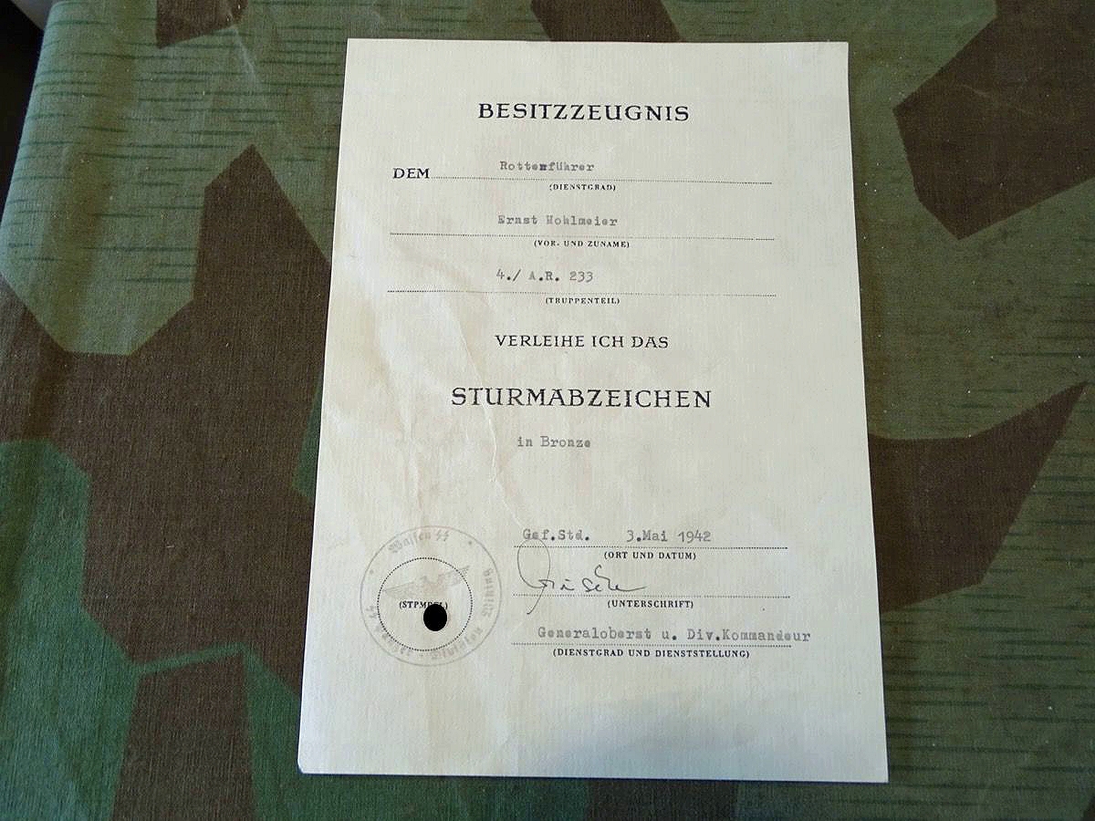 Replik : Urkunde für das Infanterie Sturmabzeichen in bronce für einen Rottenführer der Waffen SS