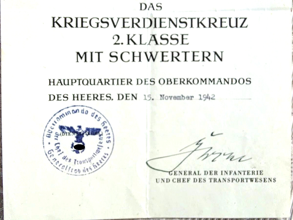 Kriegsverdienstkreuz 1939, 2. Klasse mit Urkunde und Tüte, Sonderführer (G) Feldeisenbahnmaschienenabt. 3