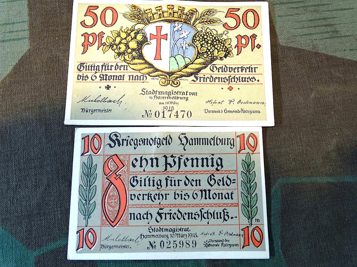 Notgeld / Kriegsgeld : 2 Stück Geldscheine  10- und 50 Pfennige, Stadtmagistrat von Hammelburg. 10. März 1918