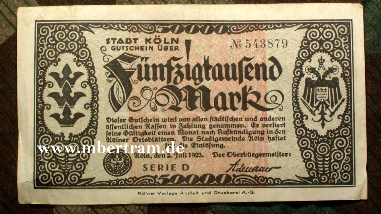 Gutschein der Stadt Köln über 50.000 Mark, 20er Jahre