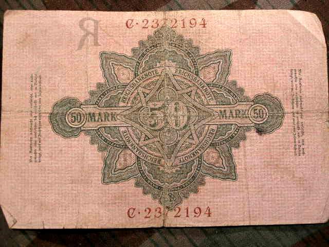 Reichsbanknote 50 Mark, kunstvoller Originalschein vor 1918.