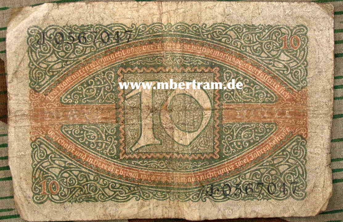 Reichsbanknote 10 Mark, Kunstvoller Originalschein 20er Jahre