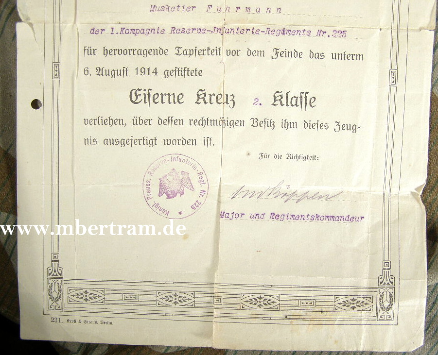 Grossformatiges Besitzzeugnis EK 2 1914