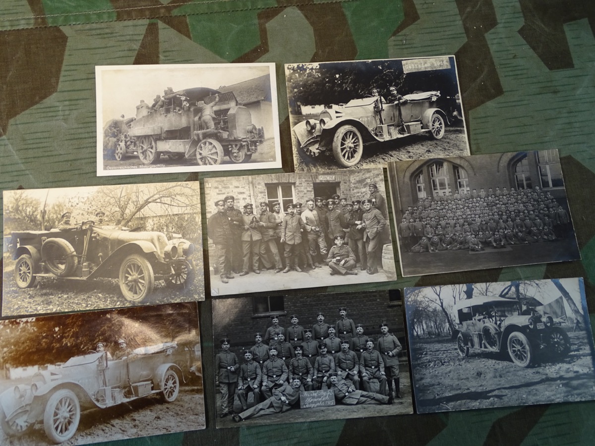 8 Fotospostkarten von preuss. und österr. Kraftfahrzeugen und Kraftfahrern 1. Weltkrieg. 
