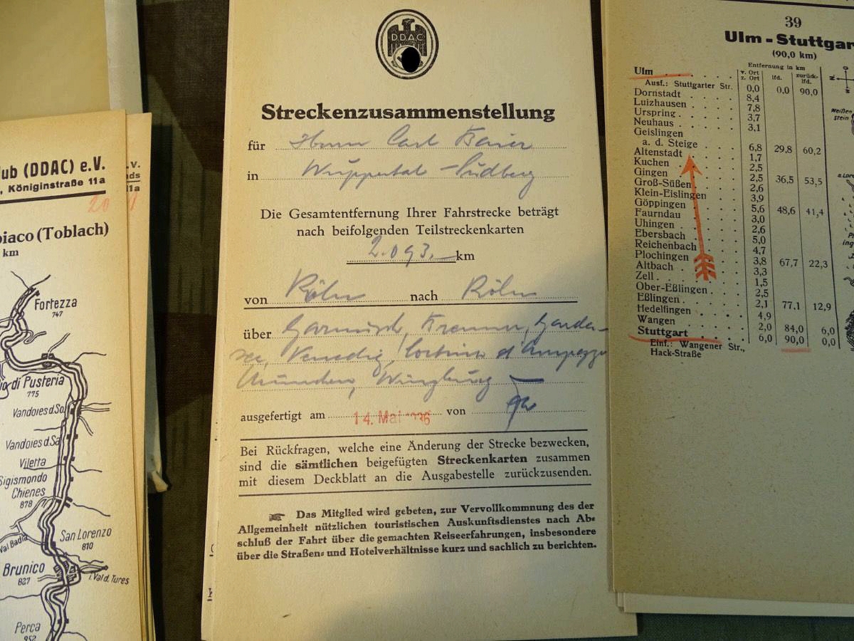 4. Reich, DDAC Tourenplan/ Streckenzusammenstellung 1936 für Köln - Garmisch- Venedig