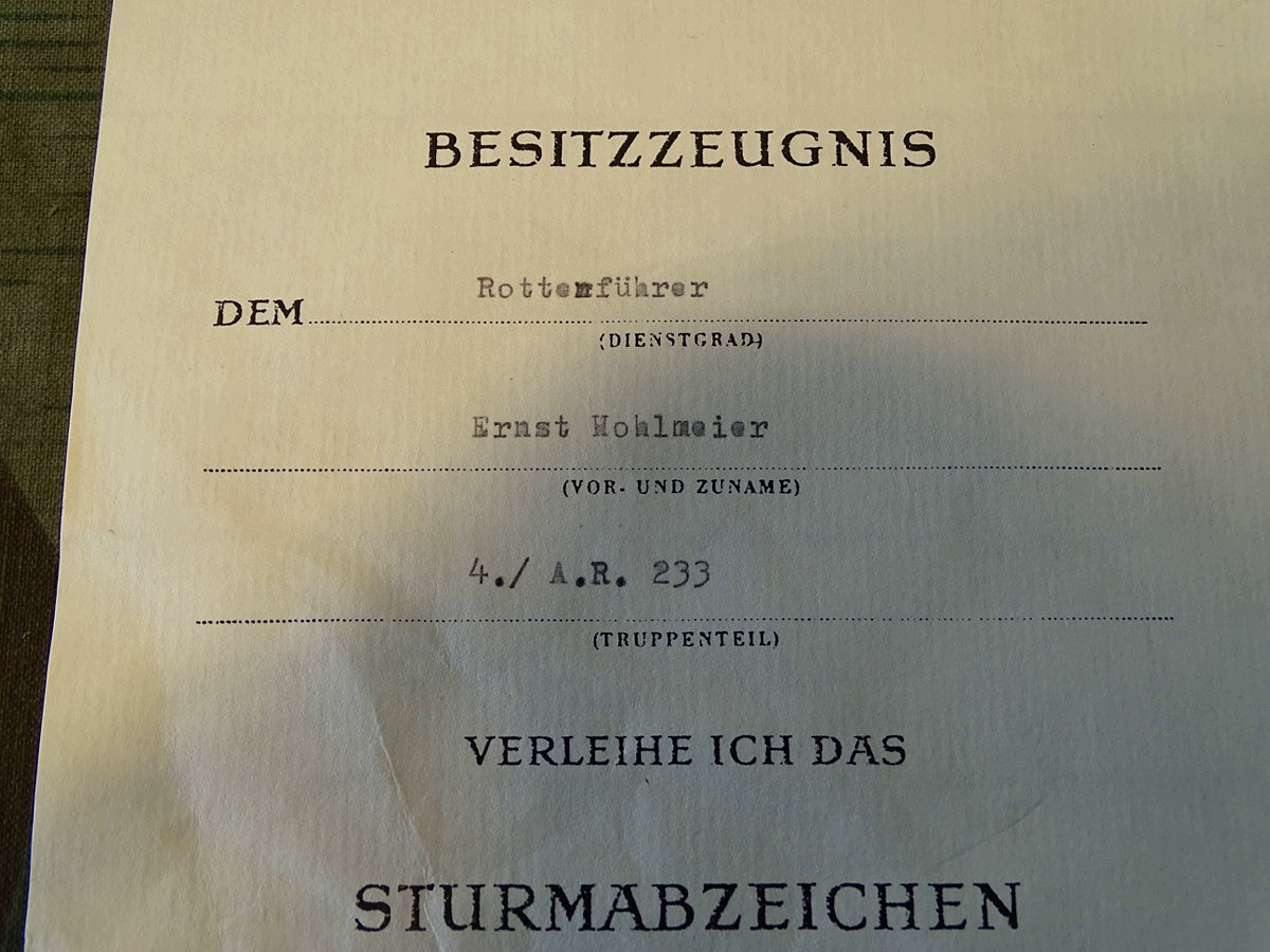 Replik : Urkunde für das Infanterie Sturmabzeichen in bronce für einen Rottenführer der Waffen SS