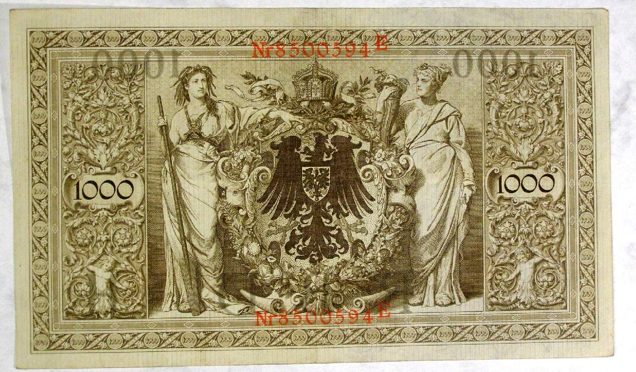 Reichsbanknote 1000 Mark, original Geldschein vor 1918.