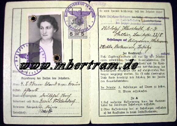 Legitimationskarte d.dt.Reiches, Stettin 1941, Karstadt AG.