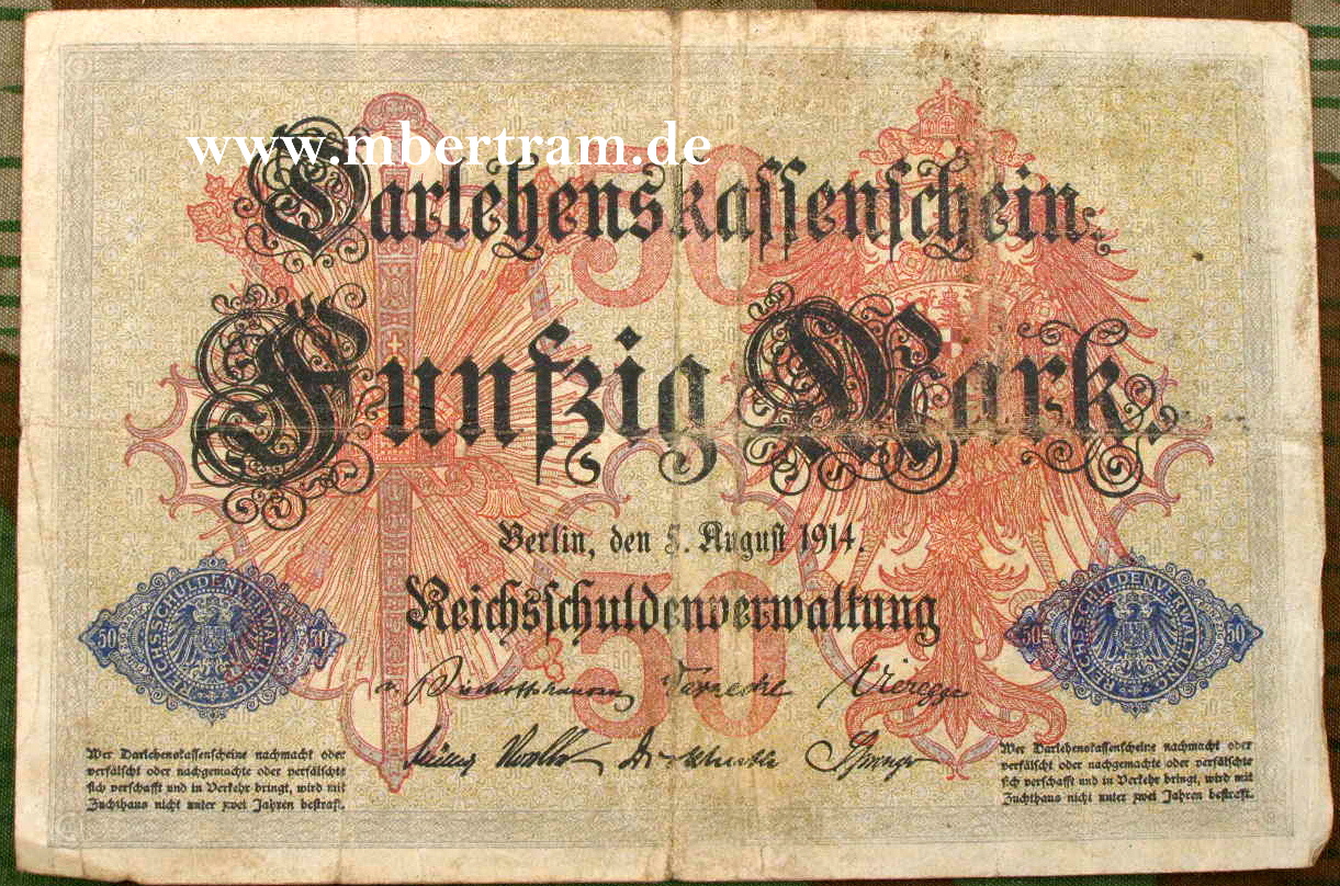 Darlehnskassenschein Banknote 50 Mark, vor 1918.