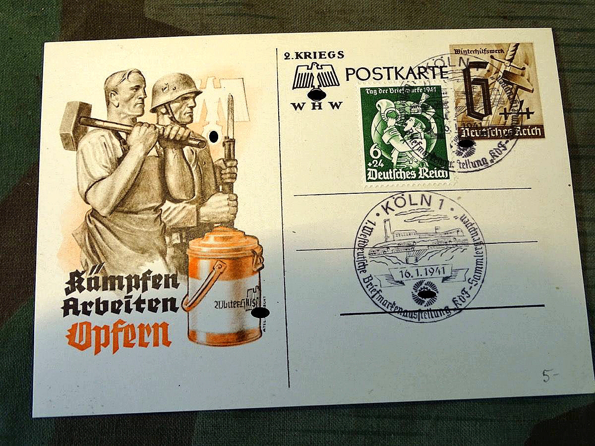 2. Kriegs WHW Postkarte, gestempelt 1. Westdeutsche Briefmarkenausstellung kdf Sammlergruppen Köln 1, 16.01.1941