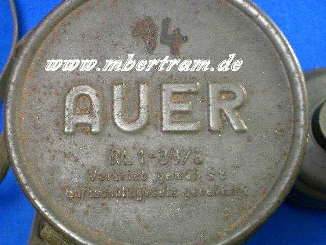 GASMASKE "AUER RL1/38/3" BLECHDOSE, HOHER DECKEL