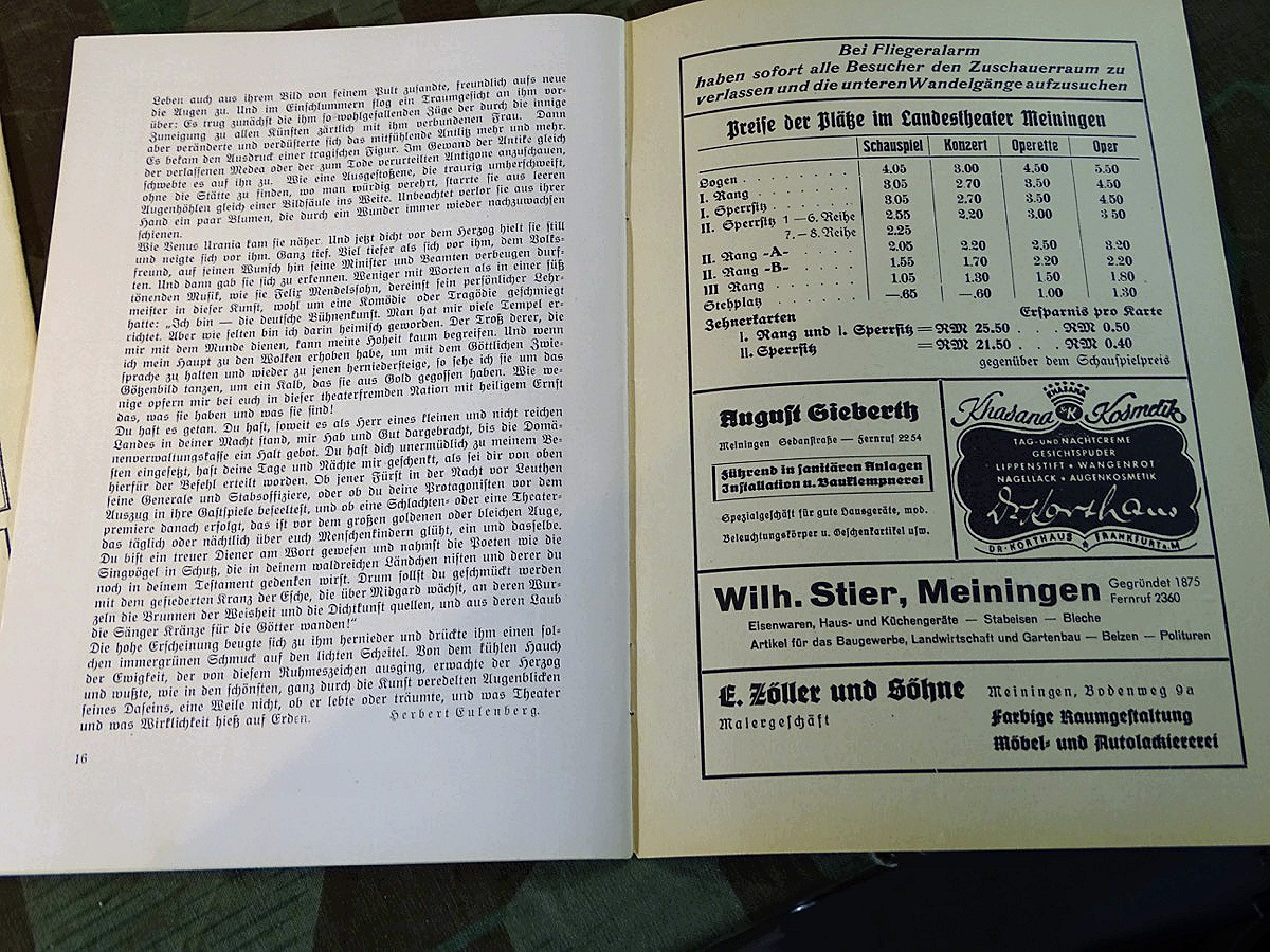 3 Broschüren, Spielplan Landestheater Meiningen 1939/40 und 1940/41 und Werbebroschüre