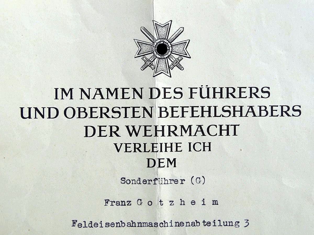 Kriegsverdienstkreuz 1939, 2. Klasse mit Urkunde und Tüte, Sonderführer (G) Feldeisenbahnmaschienenabt. 3