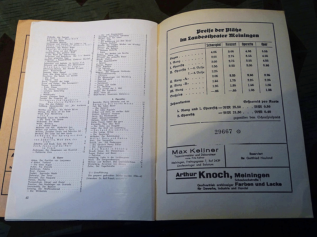 3 Broschüren, Spielplan Landestheater Meiningen 1939/40 und 1940/41 und Werbebroschüre