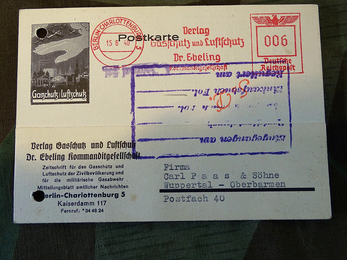 Postkarte Verlag Gasschutz und Luftschutz, Berlin,  gelaufen zu Fa. C.Paas in Oberbarmen 1940