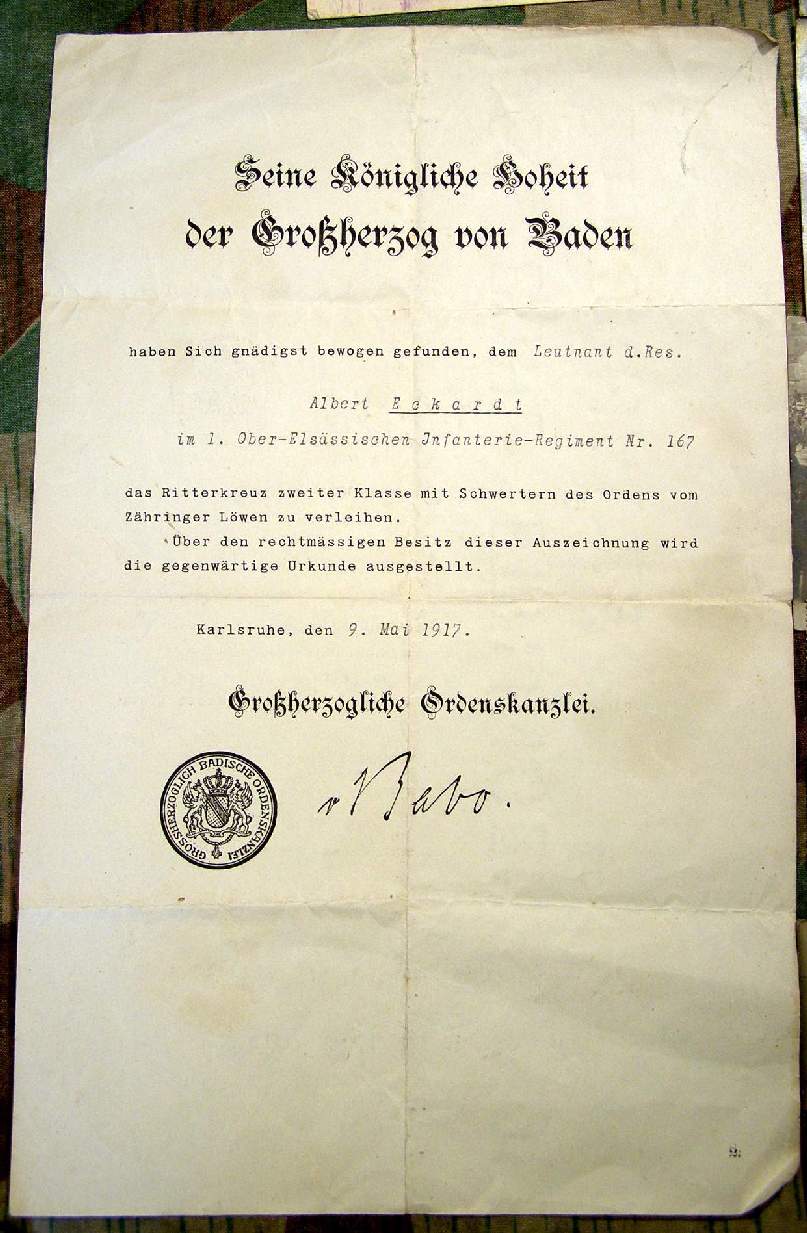 Urk. Ritterkreuz 2.Kl, m.Schw., Orden v. Zähringer Löwen