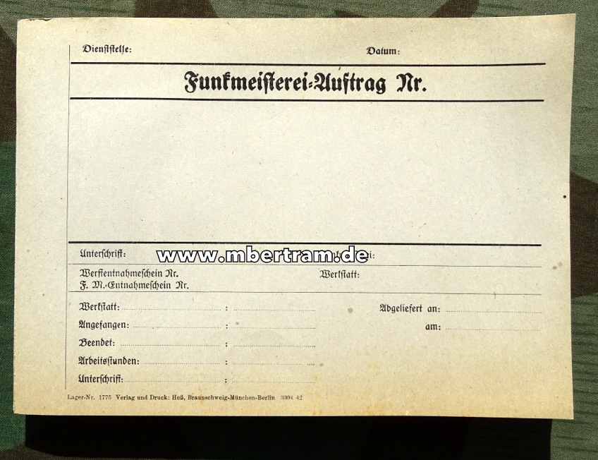 Wehrmacht Blanko Notitzformular Funkmeisterei Auftrag von 1942