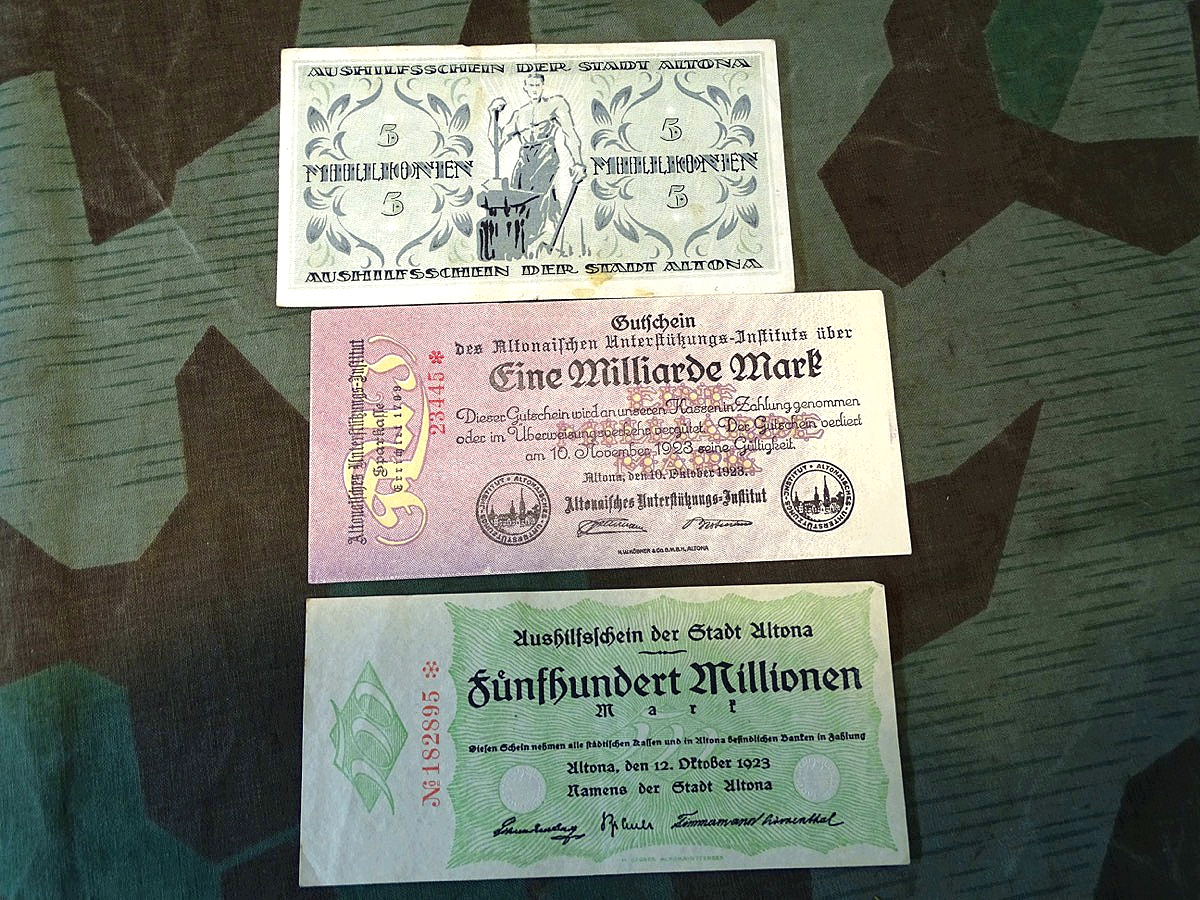 Notgeld : 3 Geldscheine- 5 Mio.-, 500 Mio.-, 1 Mrd. Mark, Stadt Altona 1923