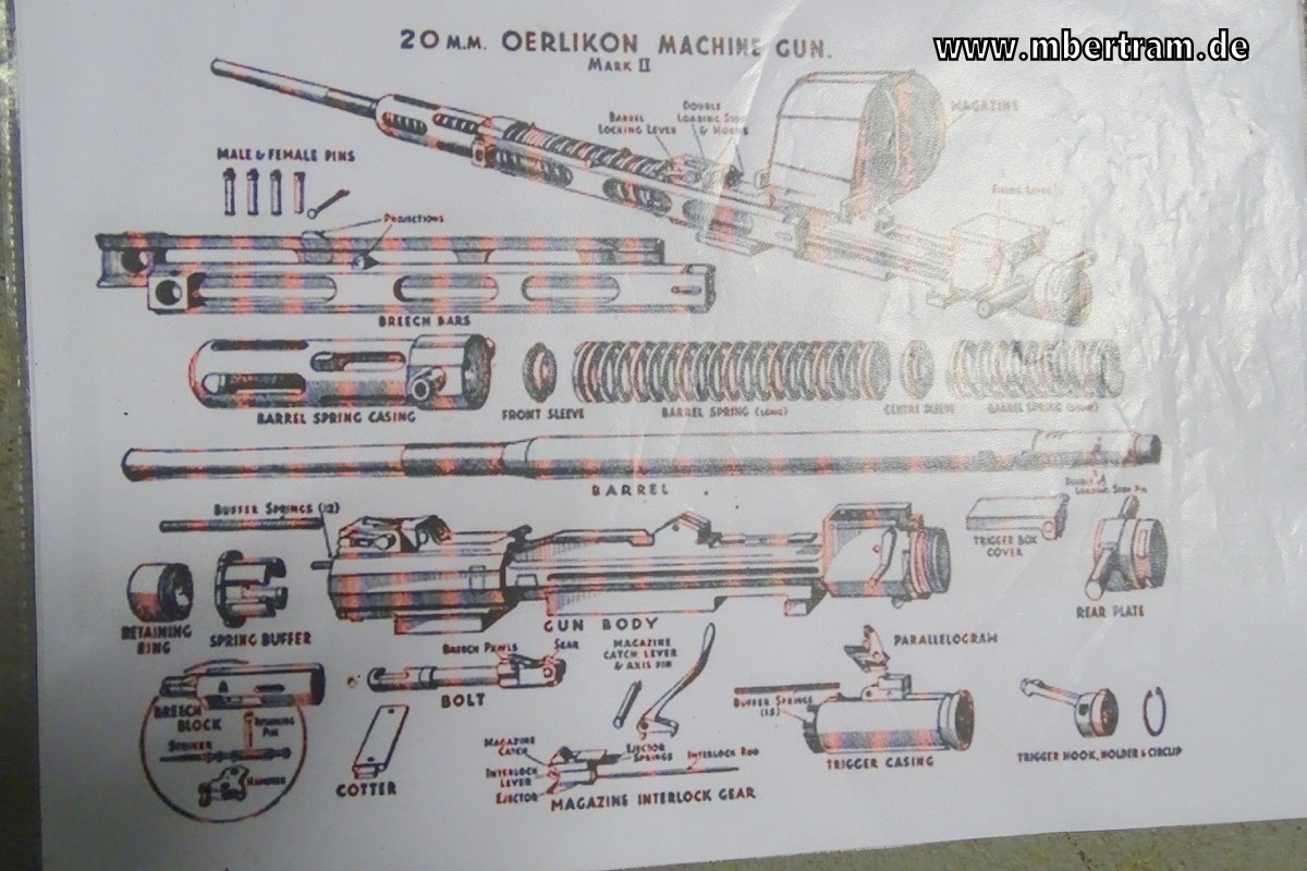 20 mm Deko Flak 28 , (  Oerlikon ) , unrestauriert, zerlegt mit Behelfslafette