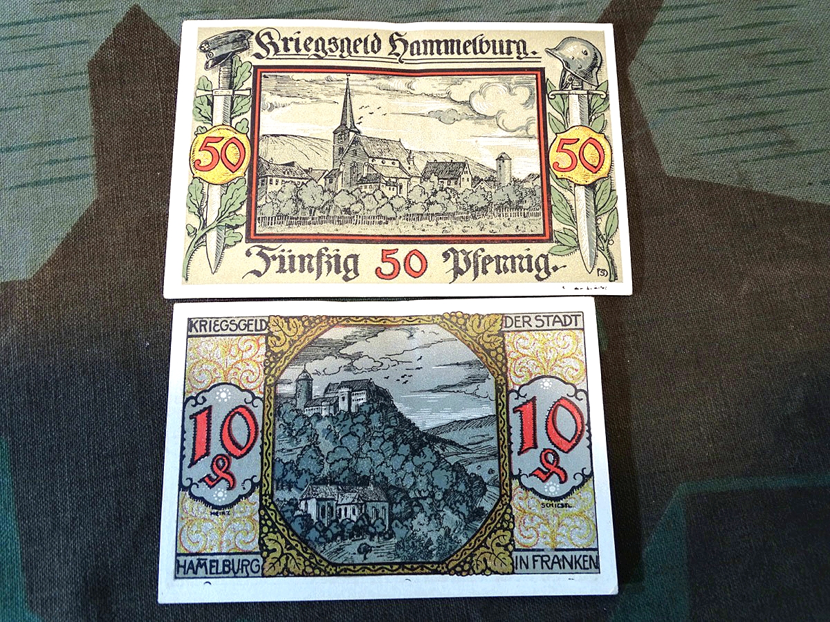 Notgeld / Kriegsgeld : 2 Stück Geldscheine  10- und 50 Pfennige, Stadtmagistrat von Hammelburg. 10. März 1918