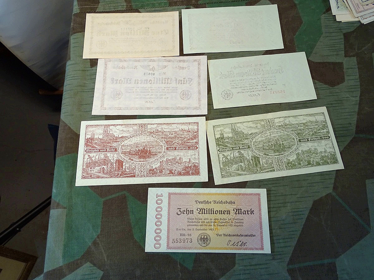 Notgeld : 6 Geldscheine- 1 Mio.-, 5 Mio.-, 20 Mio.-, 100 Mio.- 1Mrd.- 20 Mrd. Mark, Reichsbahn 1923