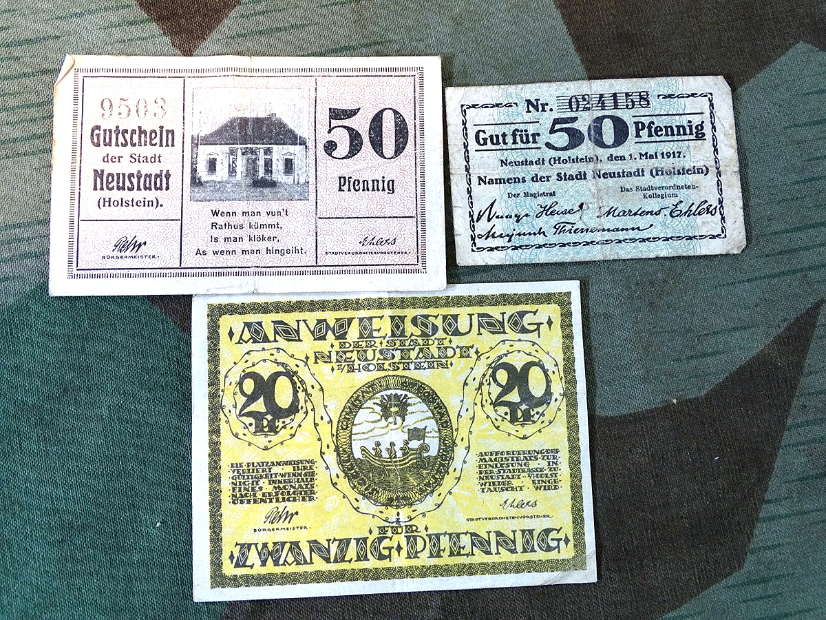 Notgeld : 3 Geldscheine- 20,-50-, 50,- Pfennige, Stadt Neustadt i. Holstein um 1917/1920er Jahre