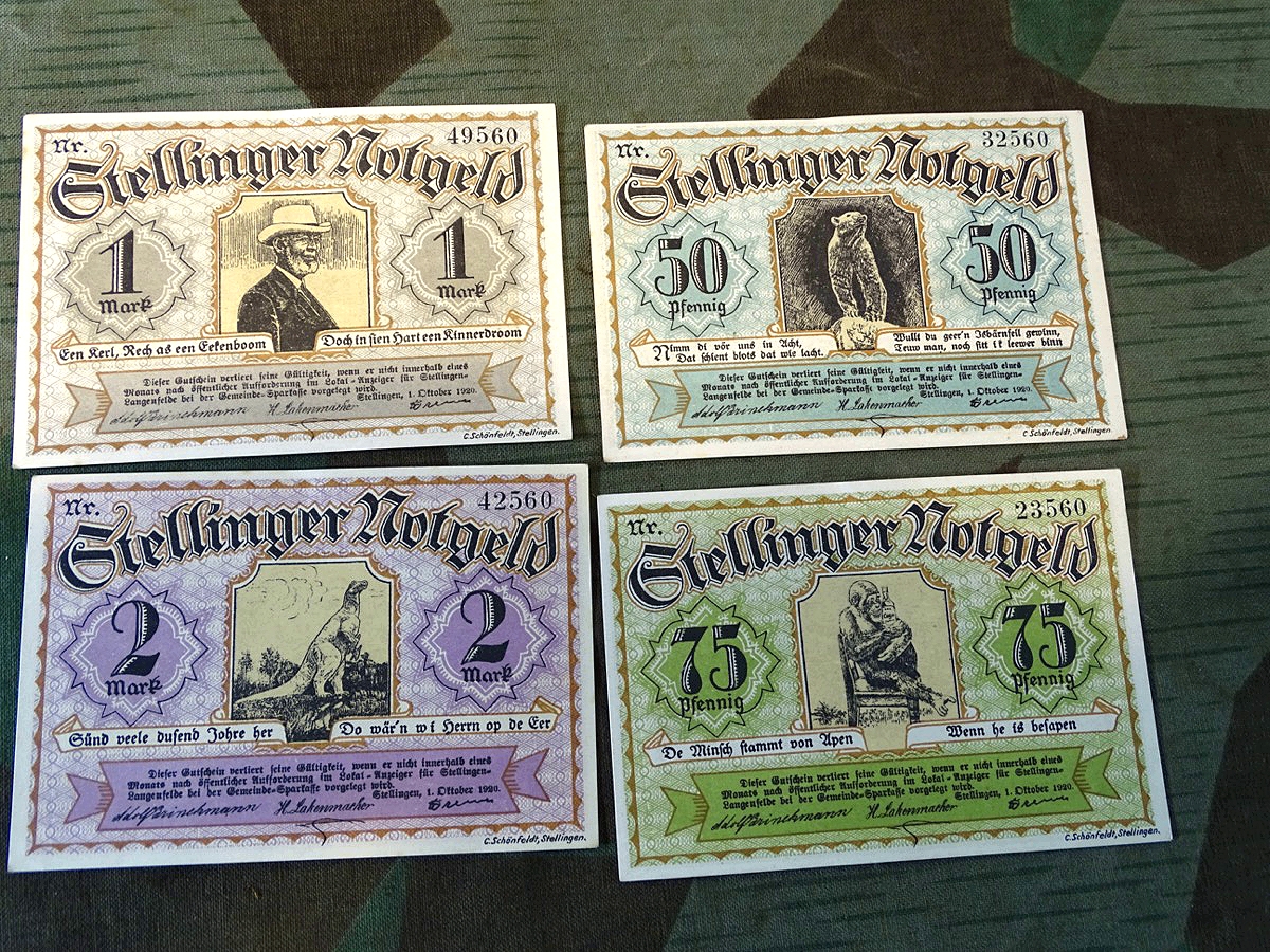 Notgeld : 4 Geldscheine- 50-, 75,- Pfennige, 1, - 2 Mark, Stellinger Notgeld, 1920