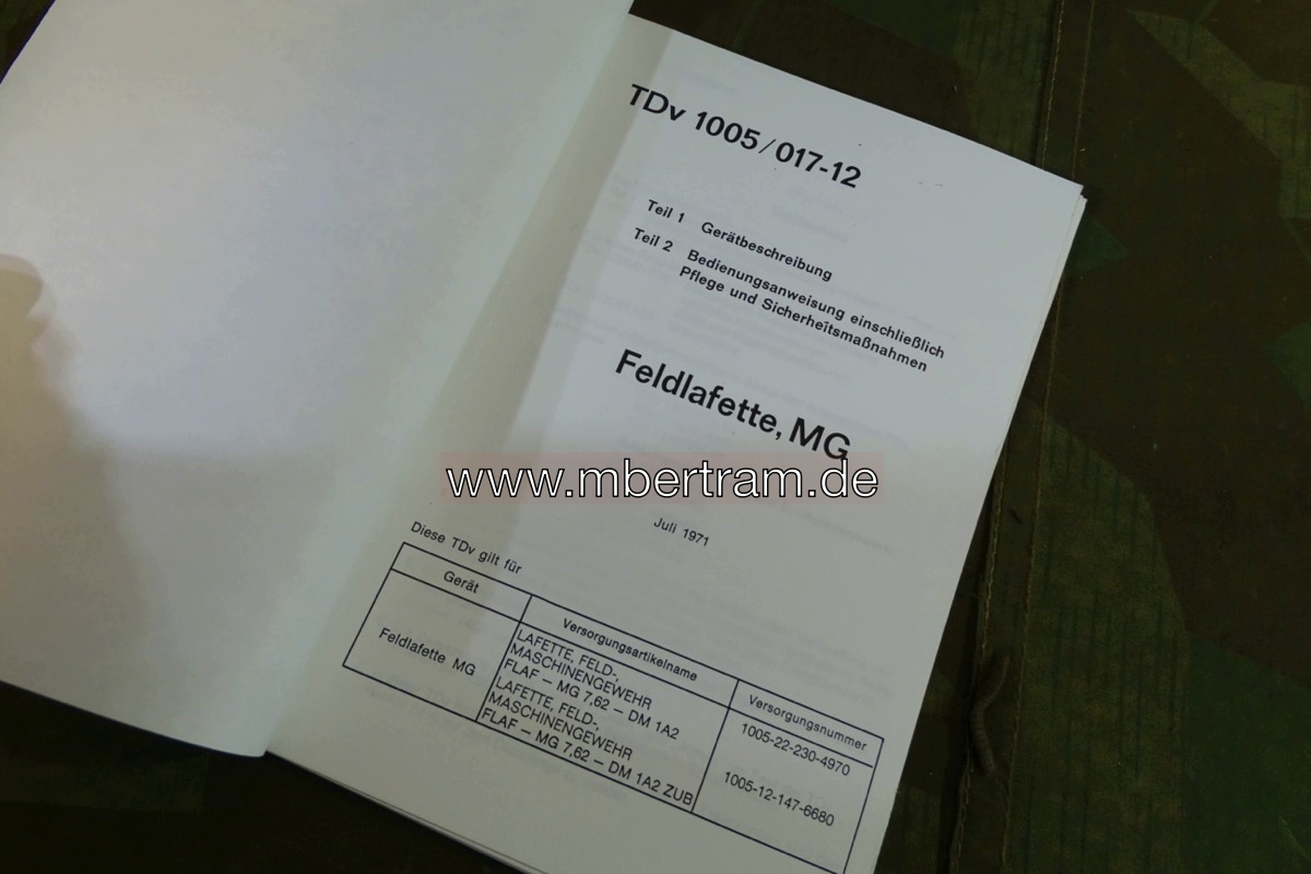 Fotokopie Bundeswehr Dienstvorschrift Feldlafette MG 1 MG 3, TDv 1005/017-12