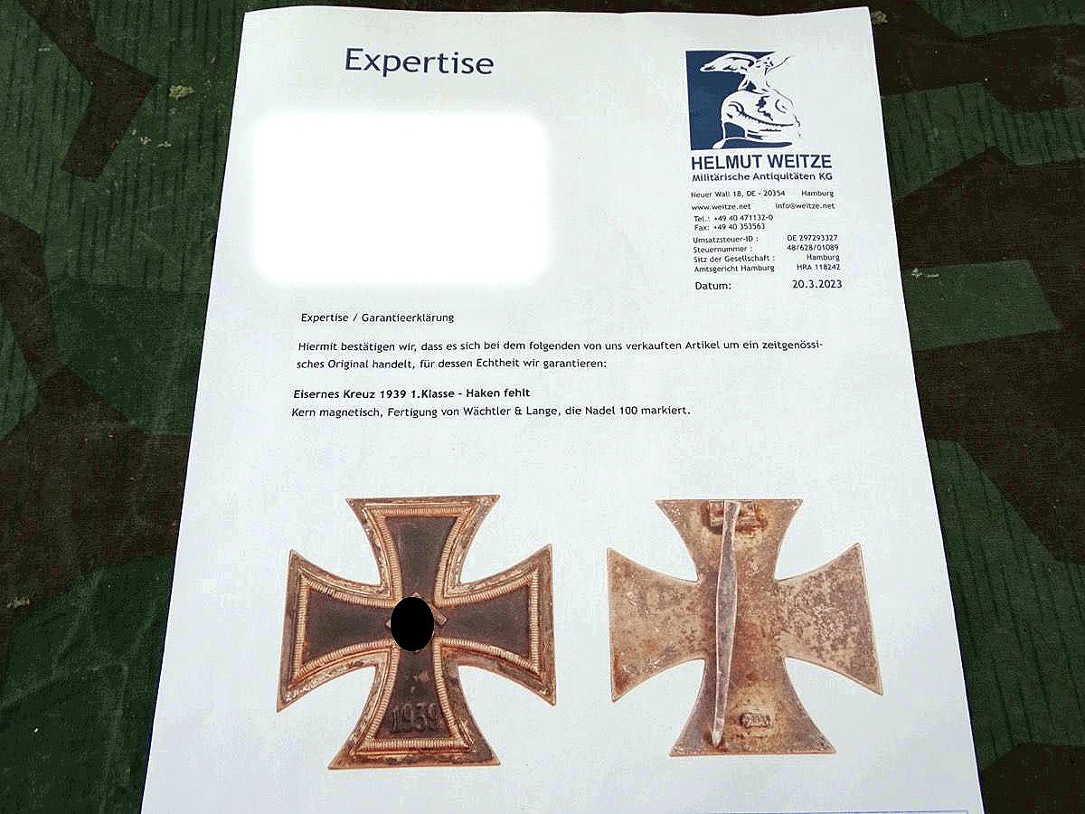 Eisernes Kreuz 1939, 1. Klasse , Wächtler & Lange, Weitze Expertise , Gegenhaken fehlt. 