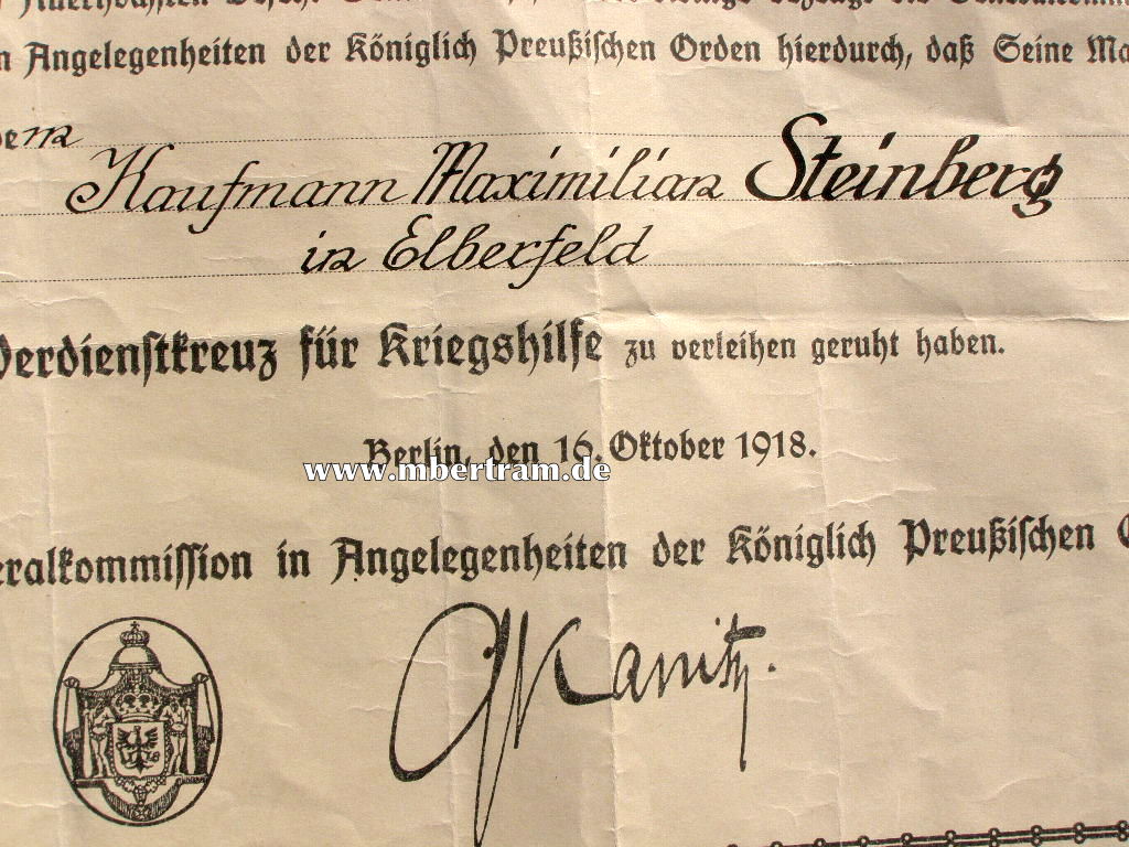 Besitzzeugnis " Verdienstkreuz für Kriegshilfe", 1918