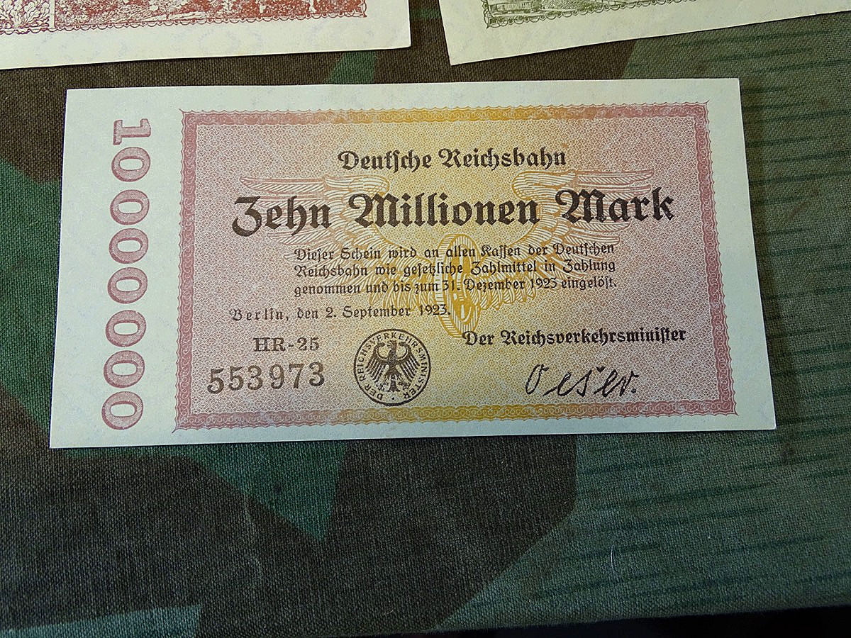 Notgeld : 6 Geldscheine- 1 Mio.-, 5 Mio.-, 20 Mio.-, 100 Mio.- 1Mrd.- 20 Mrd. Mark, Reichsbahn 1923